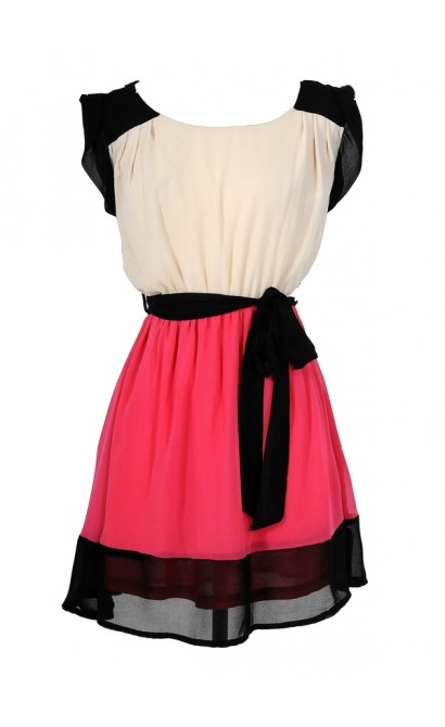 Colorblock Hot Pink and Black Chiffon Dress